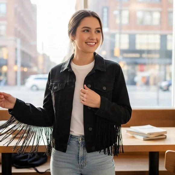 AP BLUE Black Denim Jacket with Fringe - Picture 5 of 9
